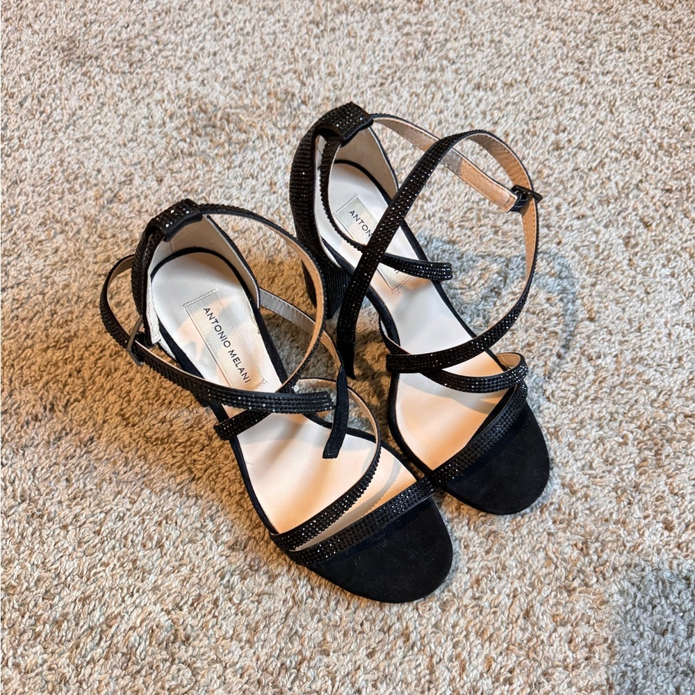 ANTONIO MELANI Black Rhinestone Strappy Heels